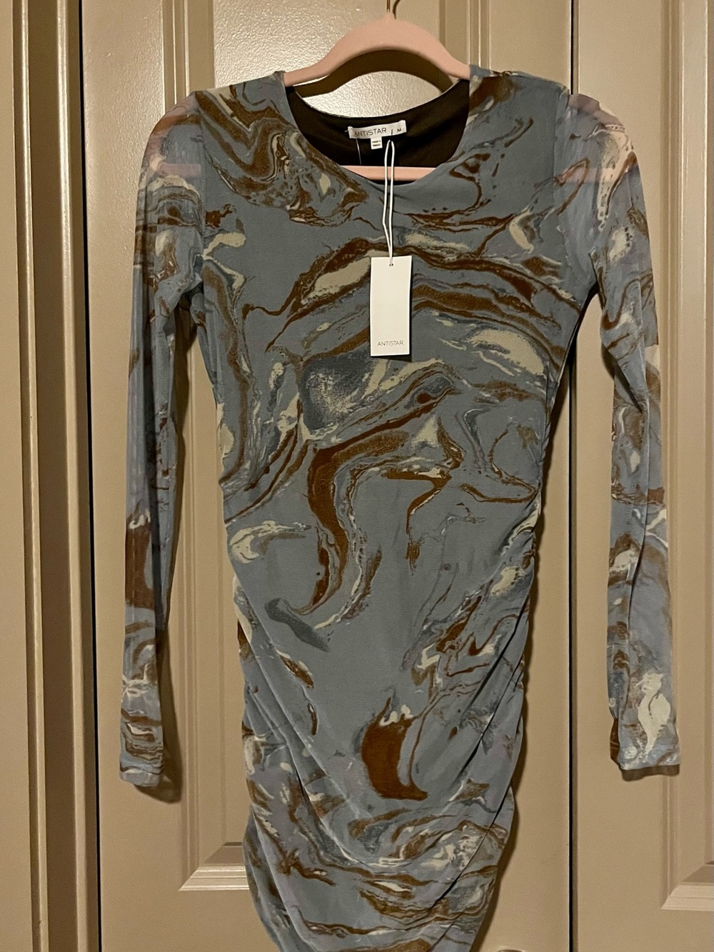 Long-Sleeve Marble-Print Mesh Mini Dress
